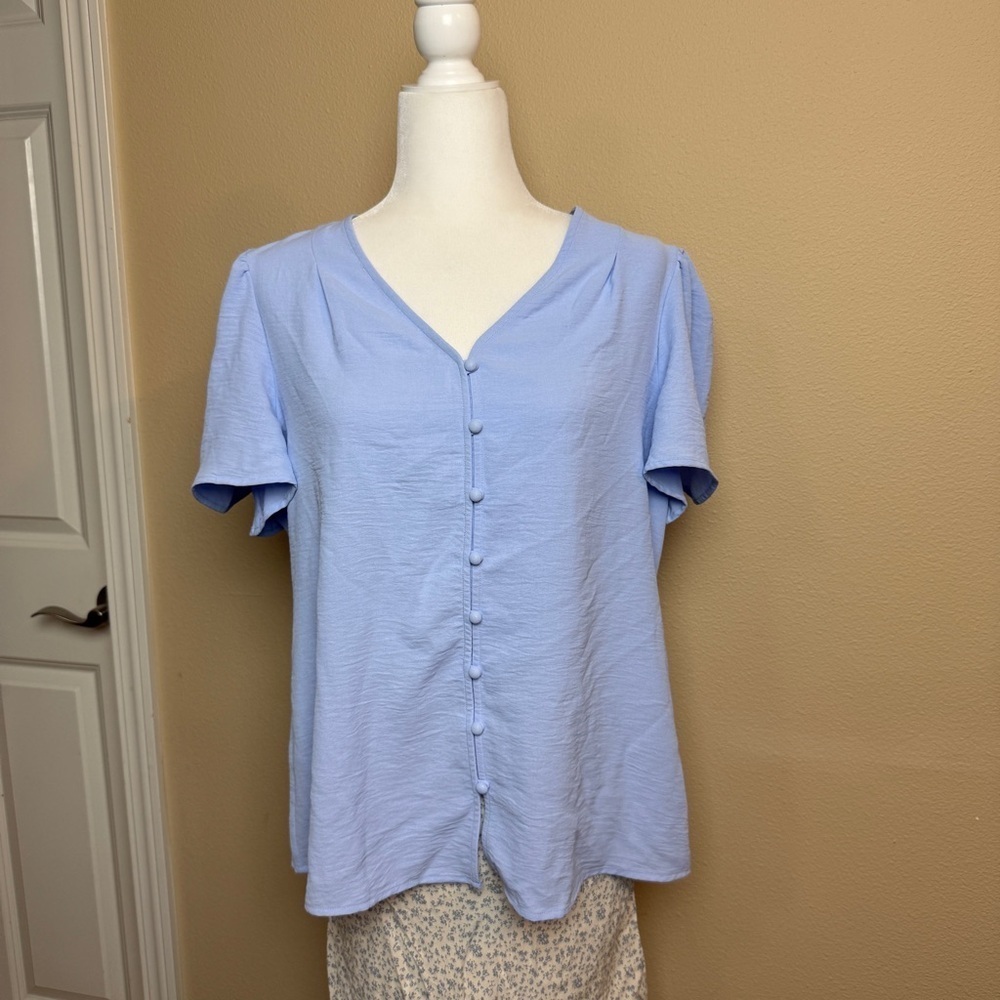 Calvin Klein Blue Short sleeve Ruffle Blouse- Large